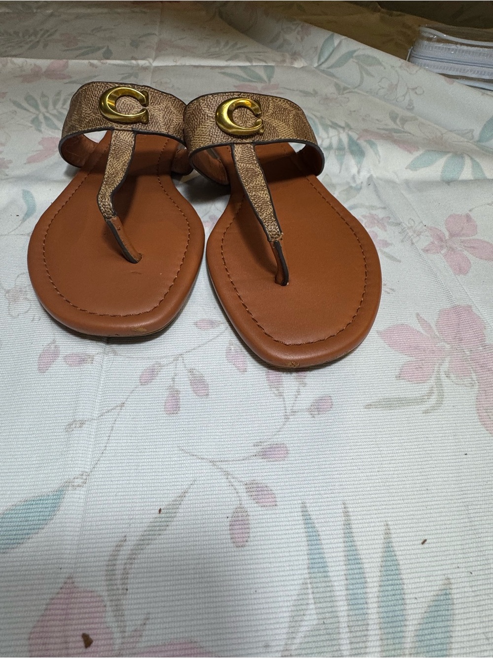 Coach Brown Tan Signature Thong Sandals with Gold Accent - Picture 3 of 9